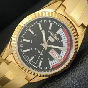 Vintage 1989 Seiko Automatic Mens Gold Watch W/daydate & Red accents